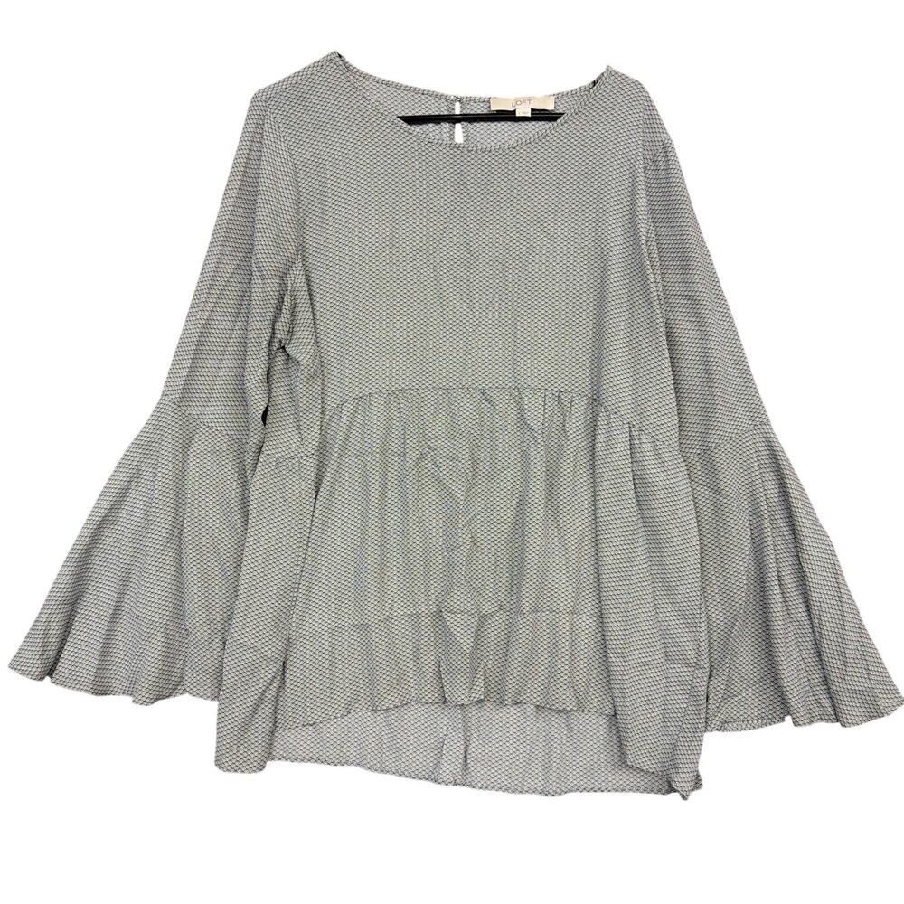 Ann Taylor LOFT Womens Blouse Gray White Geometric Bell Sleeve Hi Low Large